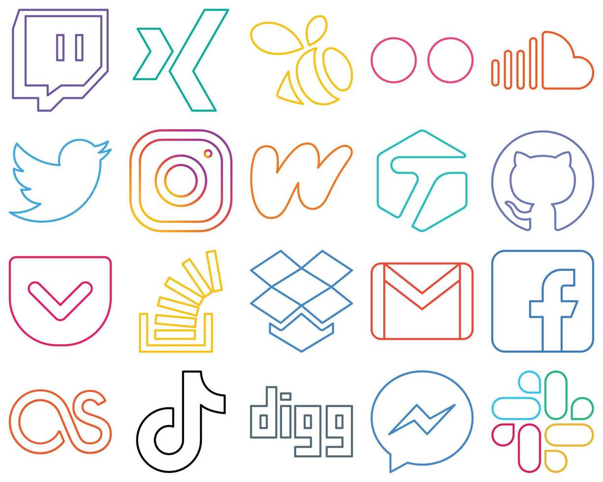 20 Clean and modern Colourful Outline Social Media Icons such as pocket. tagged. twitter and literature Fully customizable and high-quality vector