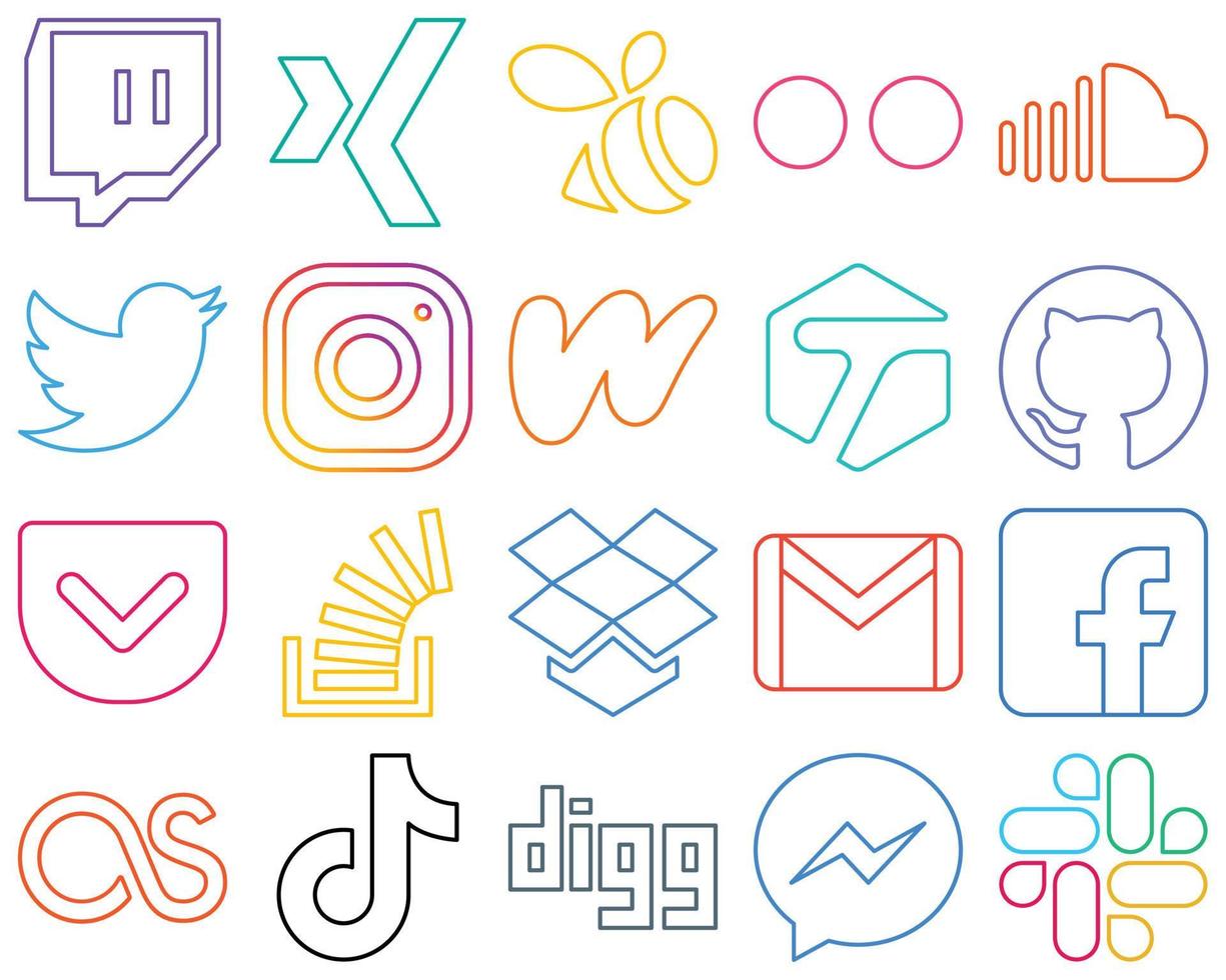 20 Clean and modern Colourful Outline Social Media Icons such as pocket. tagged. twitter and literature Fully customizable and high-quality vector