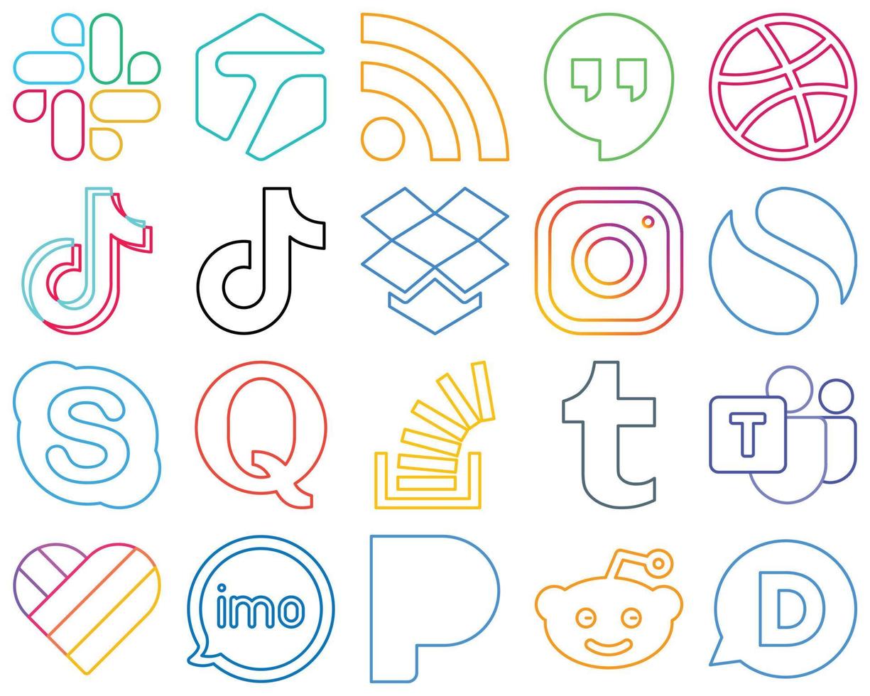 20 llamativos íconos de redes sociales con contornos coloridos, como el chat. simple. video e instagram totalmente editables y únicos vector