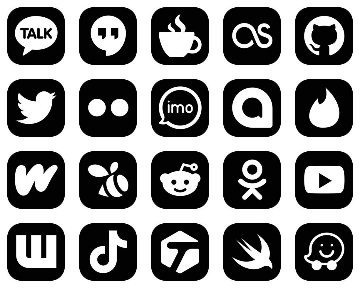 20 íconos profesionales de medios sociales blancos sobre fondo negro como wattpad. google allo. iconos de tweet y audio. de alta resolución y totalmente personalizable vector