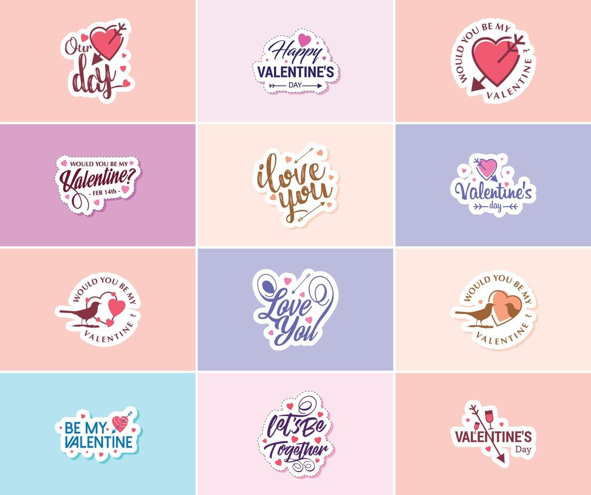 celebrando el amor en el día de san valentín con hermosas tipografías y calcomanías gráficas vector