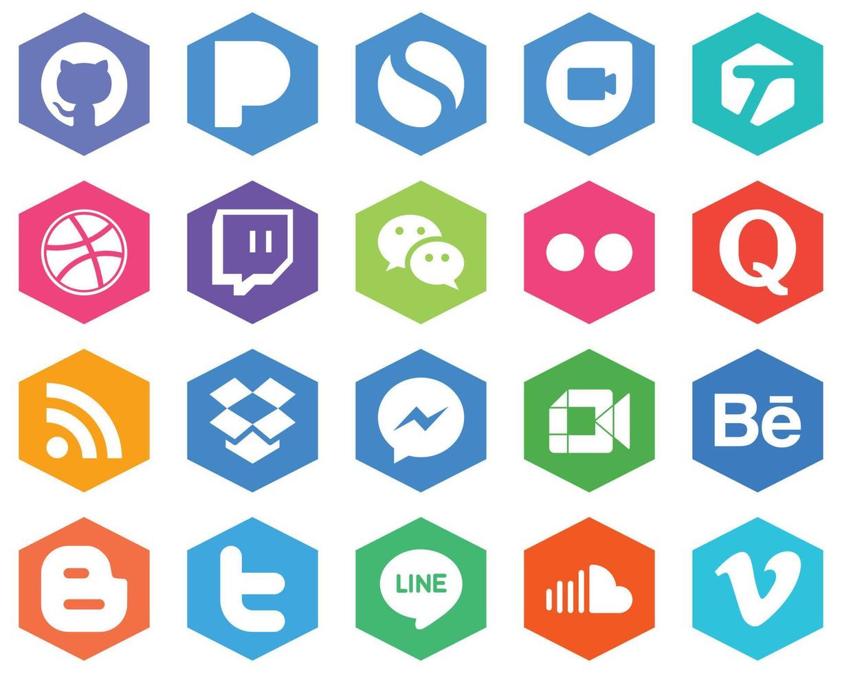 20 Modern White Icons facebook. dropbox. messenger. feed and question Hexagon Flat Color Backgrounds vector