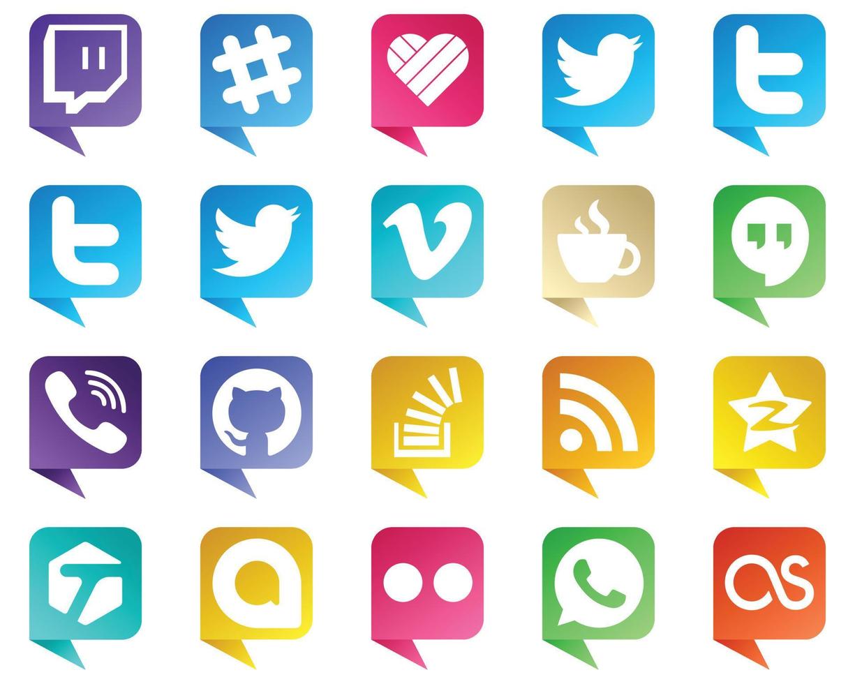 Chat bubble style Social Media Brand Icons 20 pack such as stock. stockoverflow. streaming. github and rakuten icons. Fully editable and professional vector