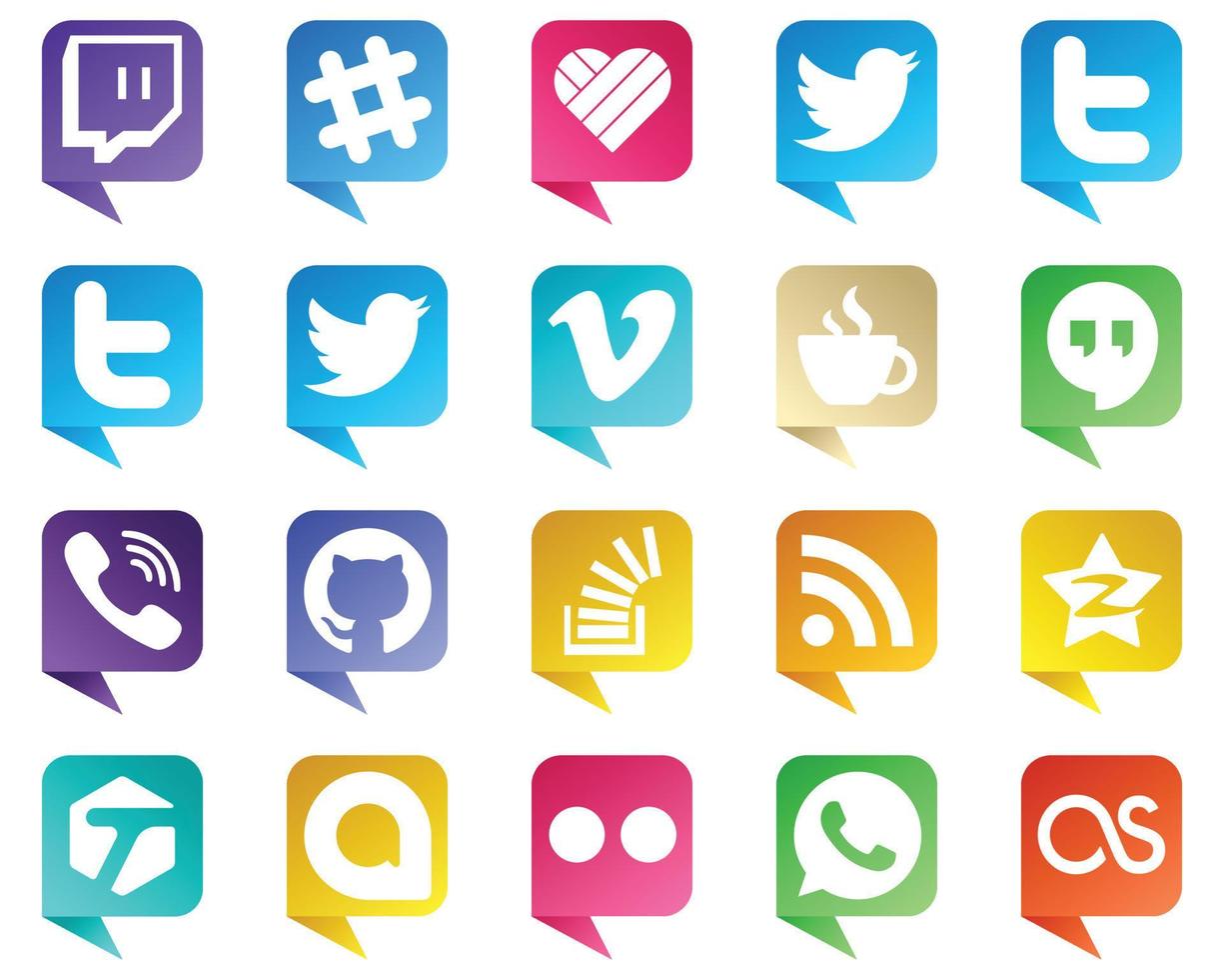 paquete de 20 iconos de marca de redes sociales estilo burbuja de chat, como stock. desbordamiento de existencias. transmisión. iconos de github y rakuten. totalmente editable y profesional vector