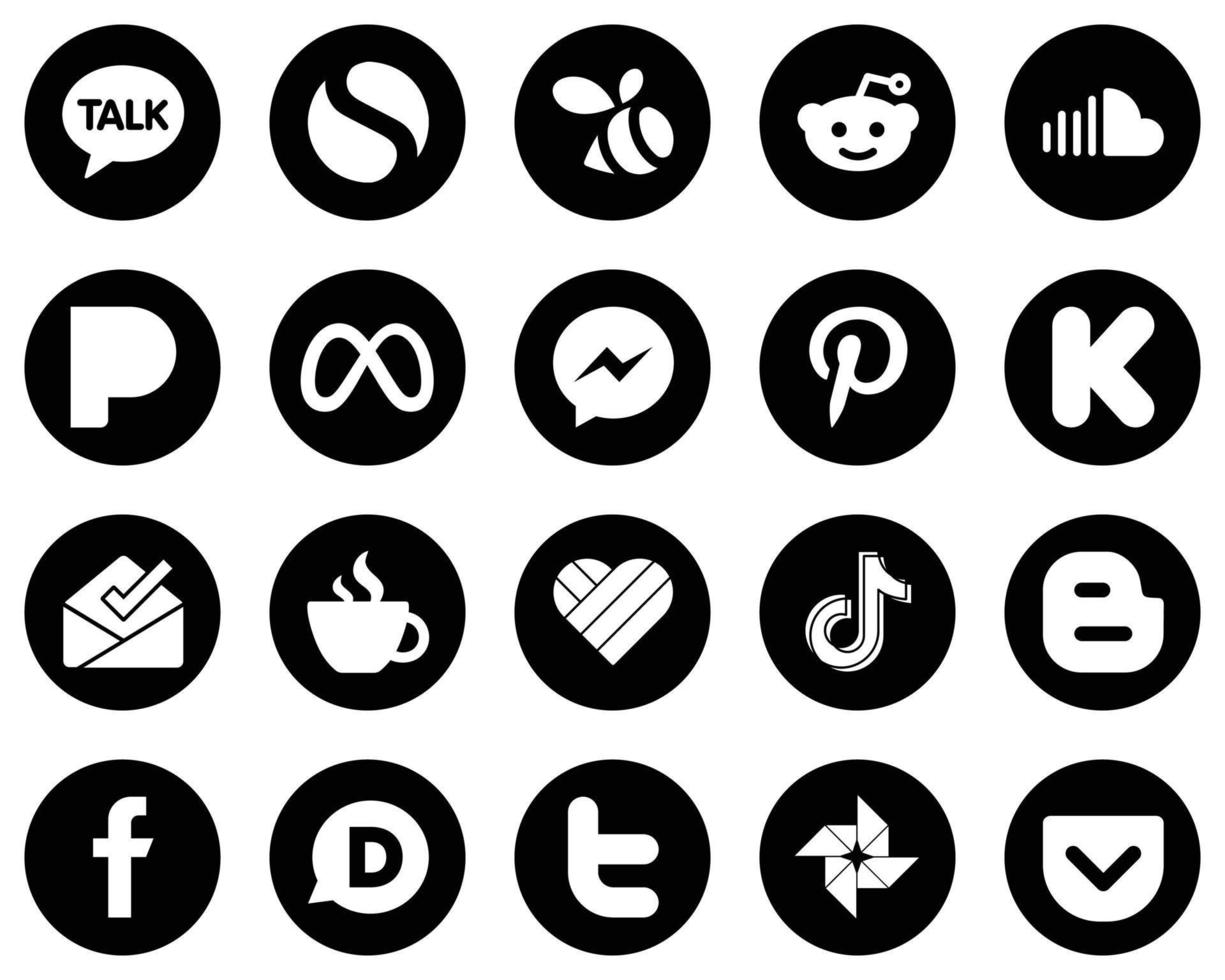 20 Stylish White Social Media Icons on Black Background such as caffeine. funding. meta. kickstarter and fb icons. Modern and high-quality vector