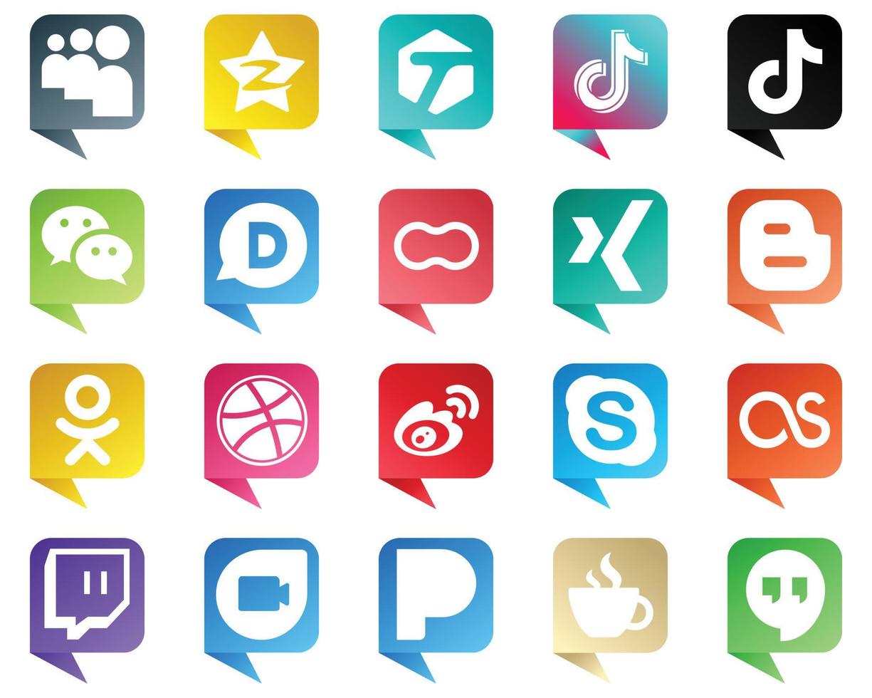 el icono de marca de medios sociales estilo burbuja de chat establece 20 iconos como blogger. mujeres. China. iconos de madres y disqus. premium y de alta calidad vector