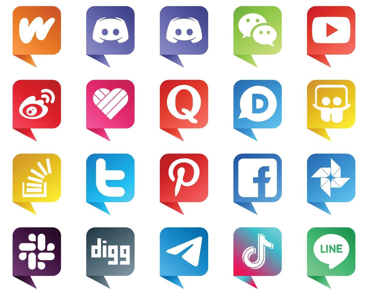 iconos de estilo de burbuja de chat para el paquete de 20 de las principales redes sociales, como disqus. quora Youtube. iconos de me gusta y china. limpio y minimalista vector