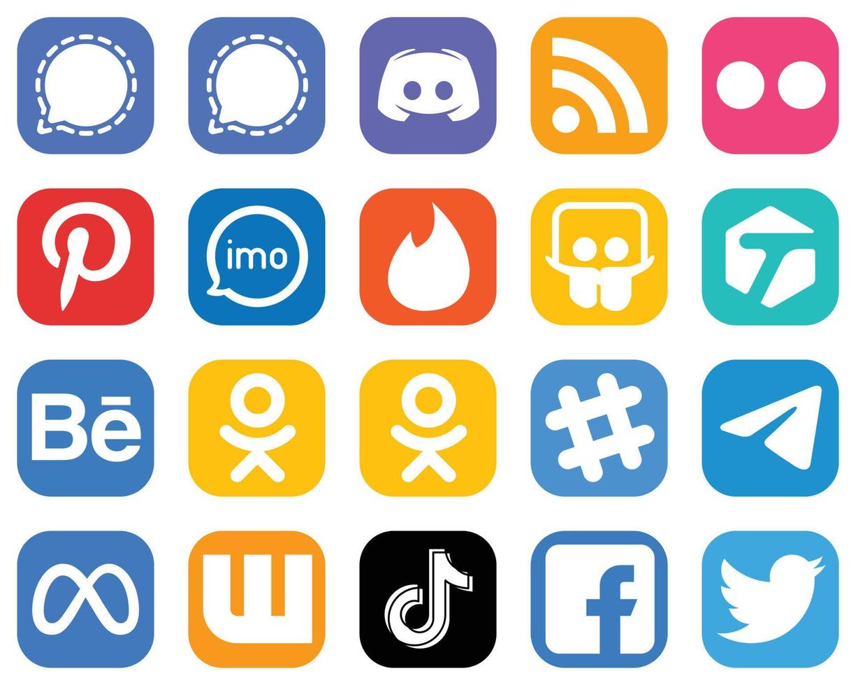 20 íconos esenciales de redes sociales como slideshare. alimento. iconos de video e imo. iconos de redes sociales degradados vector