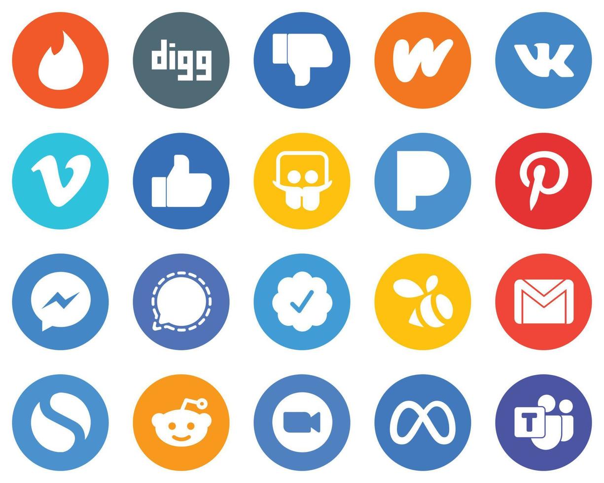 Señal de 20 iconos de medios sociales de círculo plano. Facebook. video. messenger y pandora fondo blanco vector