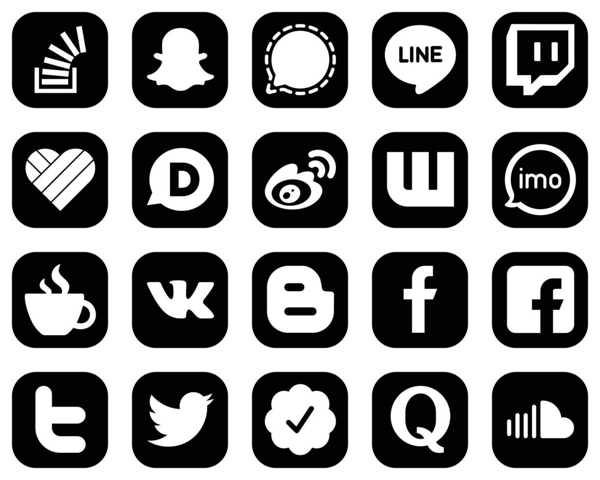 20 Attractive White Social Media Icons on Black Background such as imo. line. china and weibo icons. High-quality and creative vector