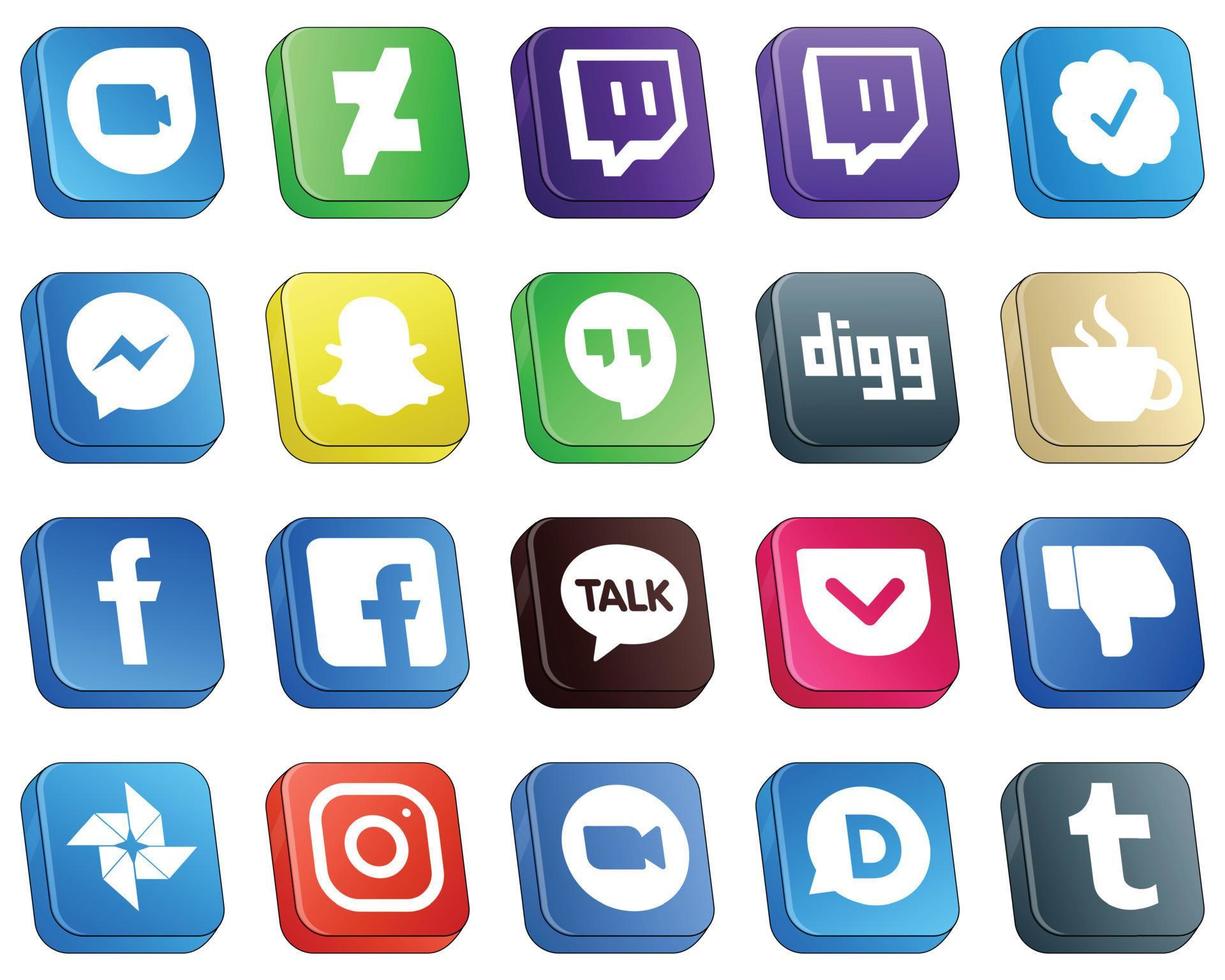 20 Simple Isometric 3D Social Media Icons such as pocket. google hangouts. fb and icons. Versatile and high-quality vector