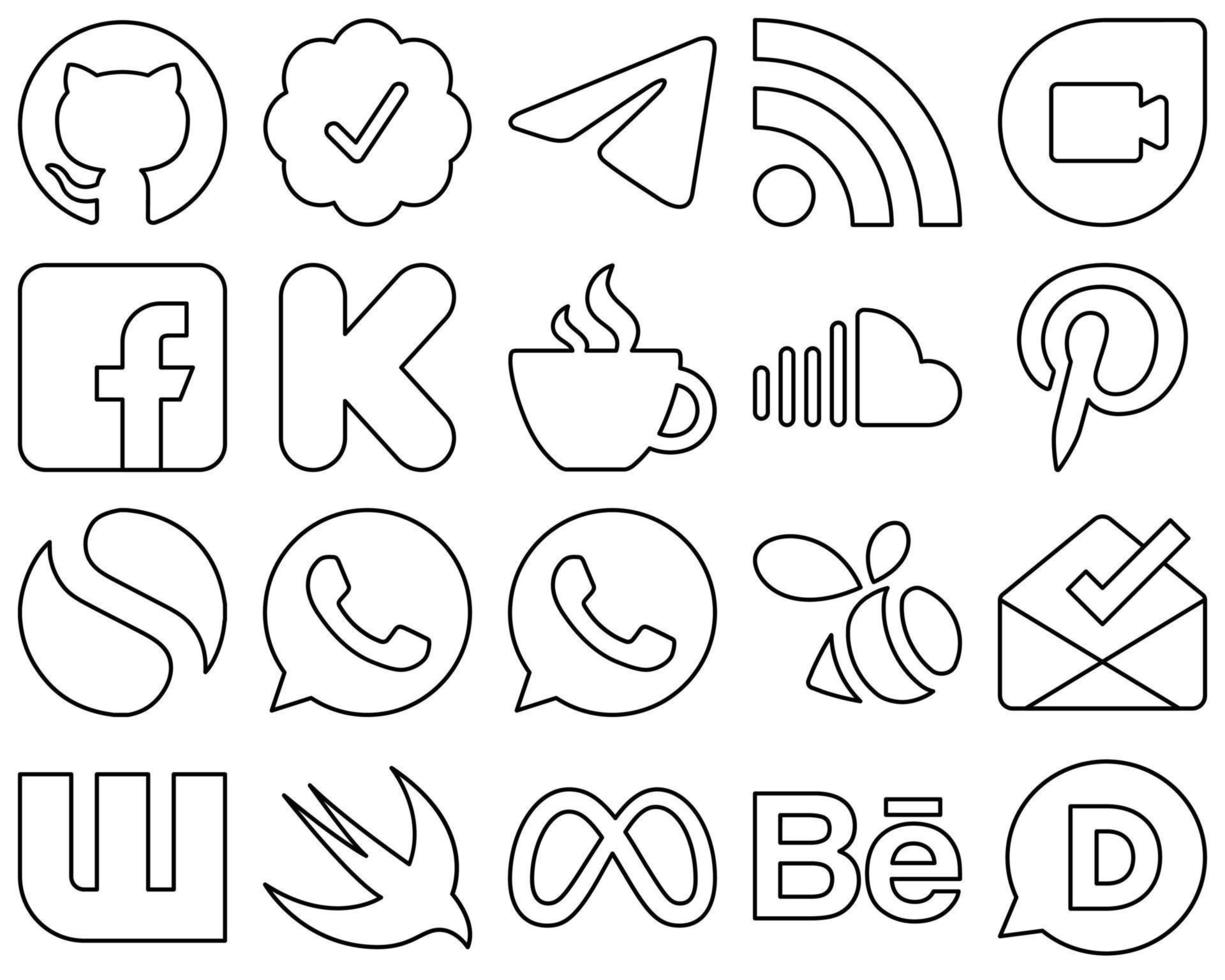 20 iconos simples de redes sociales de línea negra, como sonido. Facebook. iconos de transmisión y financiación. totalmente personalizable y profesional vector