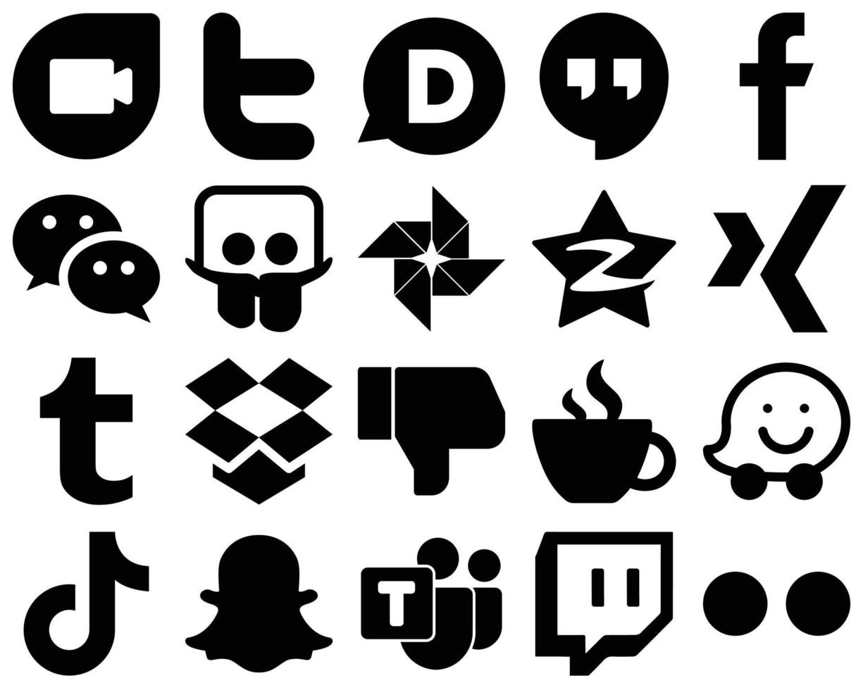 20 Unique Black Glyph Social Media Icons such as dropbox. xing. wechat and qzone icons. Elegant and minimalist vector