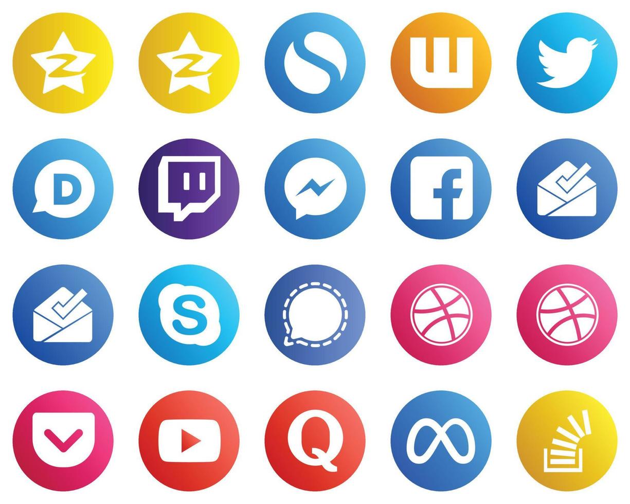 20 íconos versátiles de redes sociales como el chat. bandeja de entrada. iconos de contracción y facebook. minimalista y personalizable vector