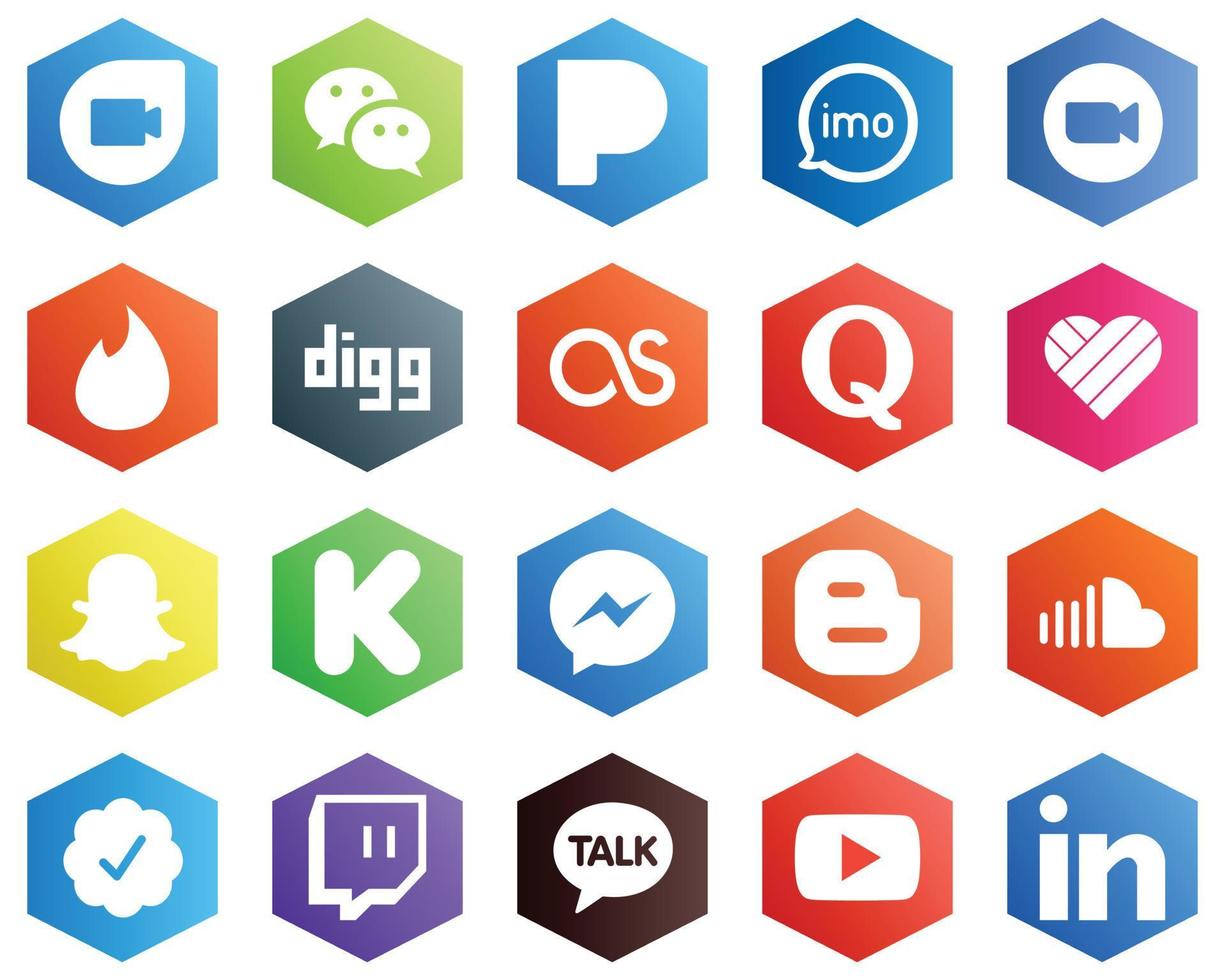 25 Stylish White Icons such as likee. quora. zoom. lastfm and tinder icons. Hexagon Flat Color Backgrounds vector