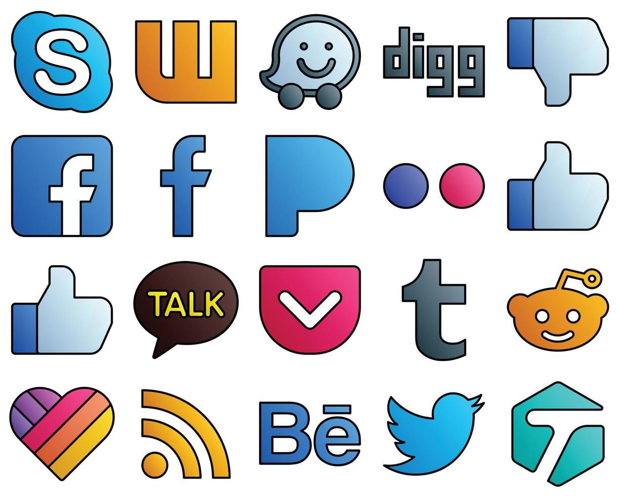 conjunto de iconos de redes sociales de estilo de línea rellena tumblr. charla kakao. pensión completa. facebook y yahoo 20 iconos con estilo vector