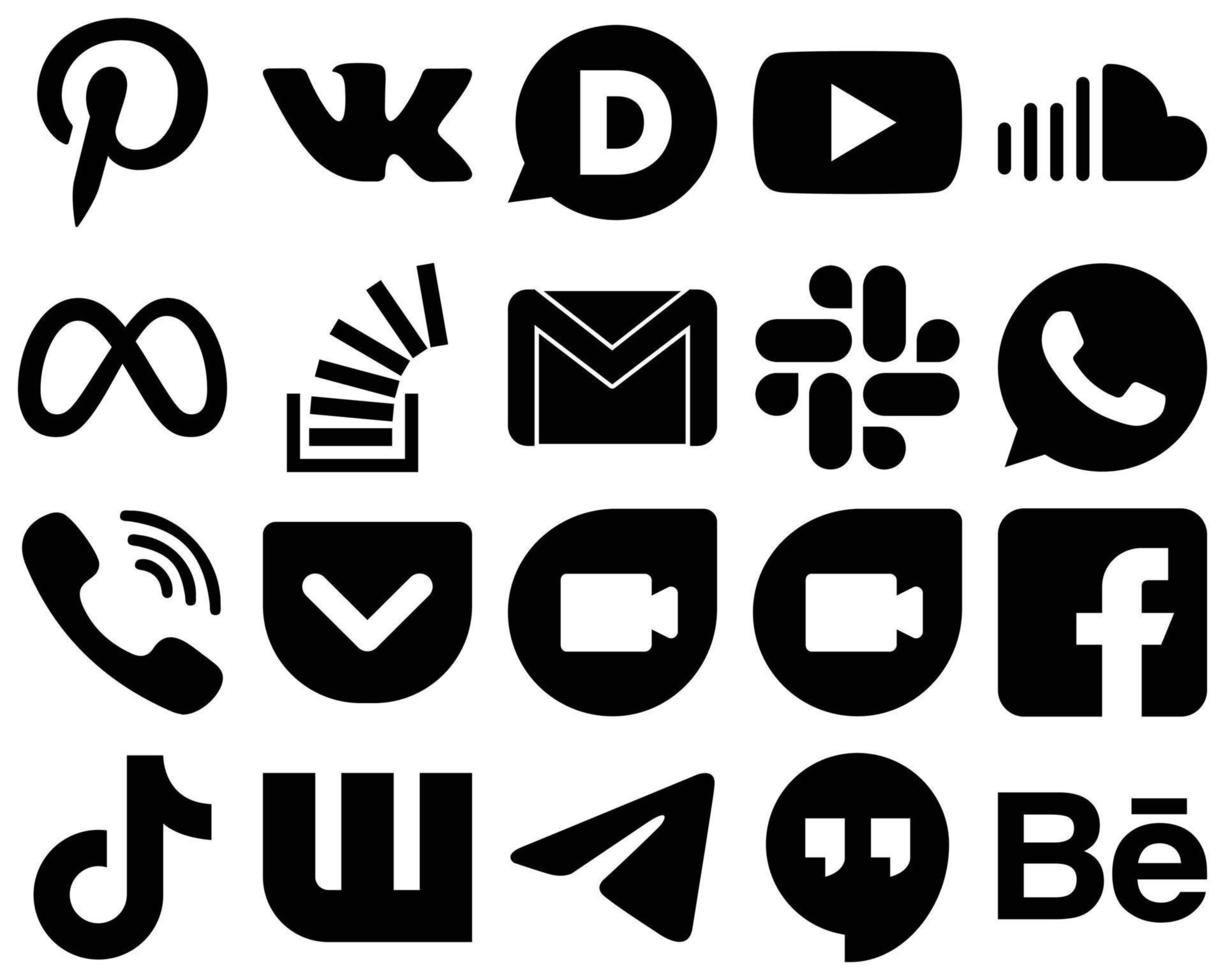 20 Fully Editable Black Glyph Social Media Icons such as slack. email. meta. gmail and stock icons. High-resolution and editable vector