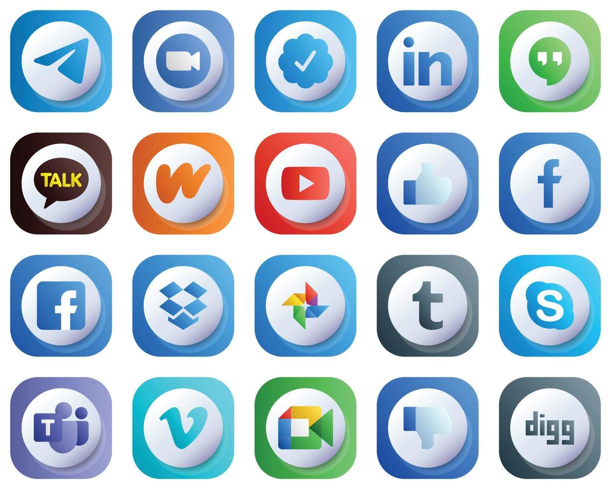 20 Cute 3D Gradient Simple Social Media Icons such as facebook. video. linkedin. youtube and wattpad icons. Editable and High-Resolution vector