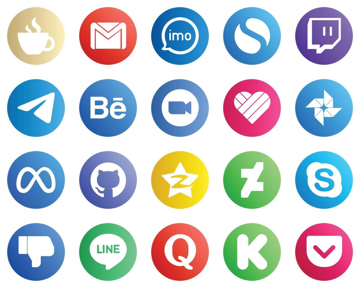 20 íconos de redes sociales para todas sus necesidades, como video. comportamiento iconos de video y telegrama. elegante y único vector