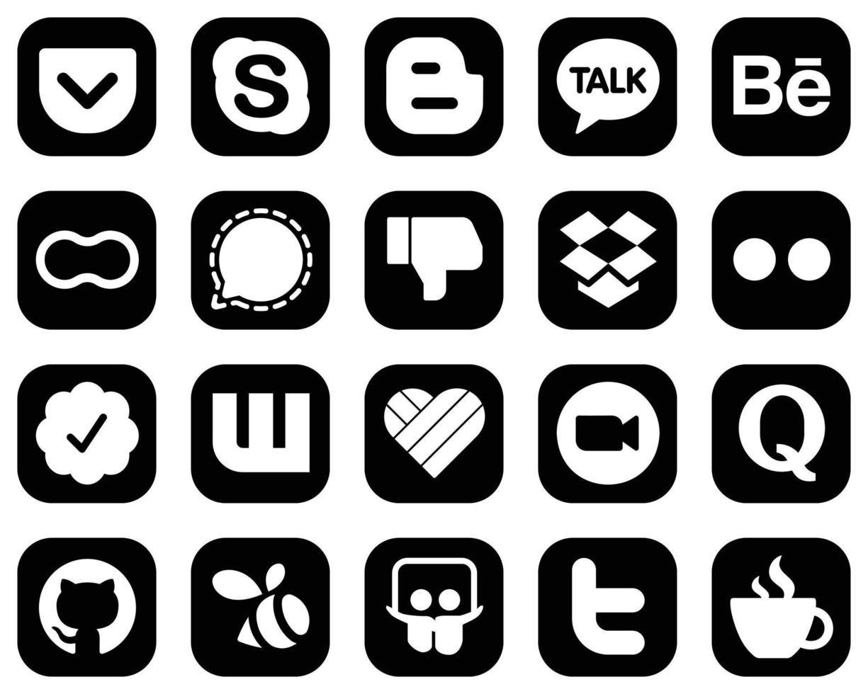 20 Simple White Social Media Icons on Black Background such as yahoo. dropbox. mothers and facebook icons. Minimalist and professional vector
