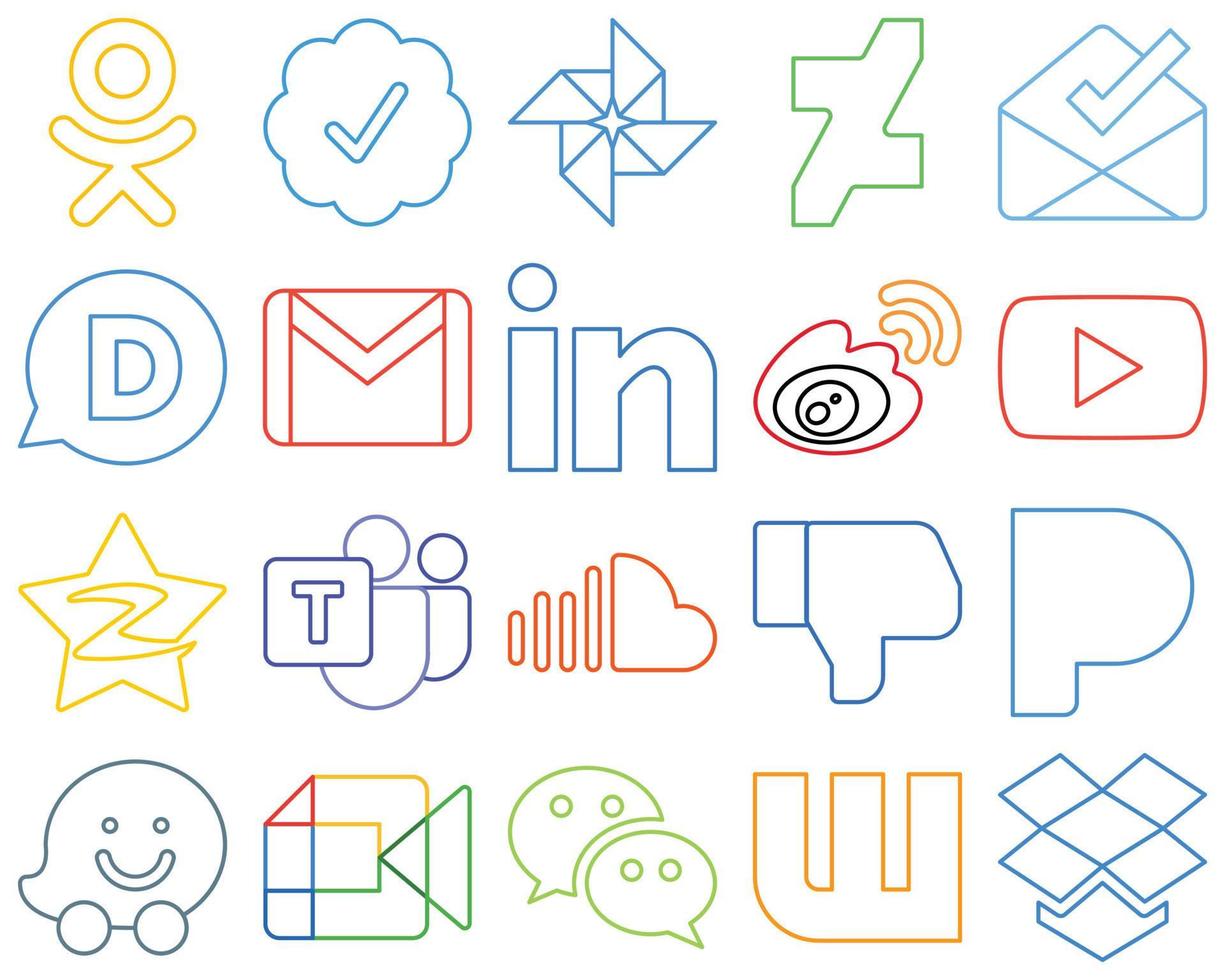 20 Simple and minimalist Colourful Outline Social Media Icons such as qzone. youtube. mail and sina Versatile and high-quality vector