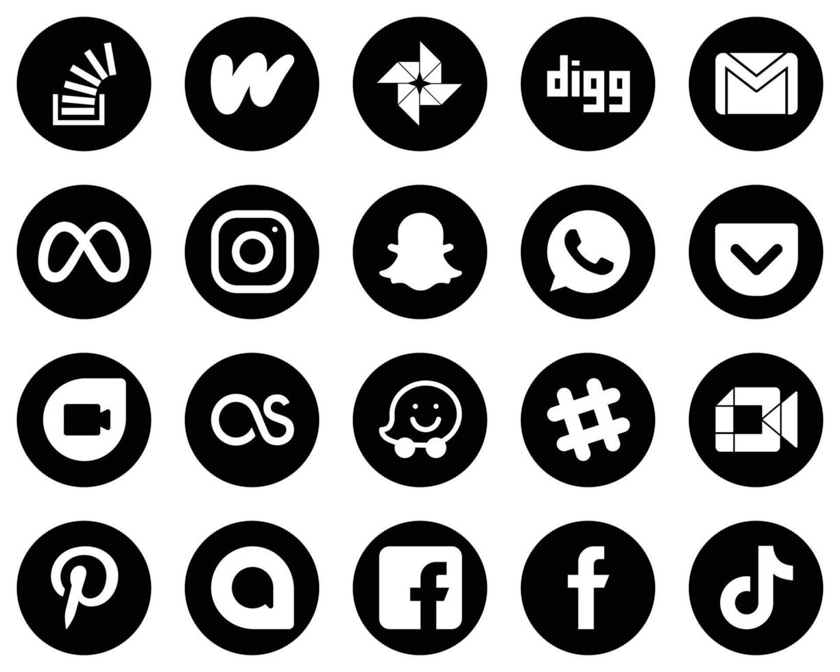 20 íconos personalizables de redes sociales en blanco sobre fondo negro como whatsapp. gmail. iconos meta y facebook. limpio y minimalista vector