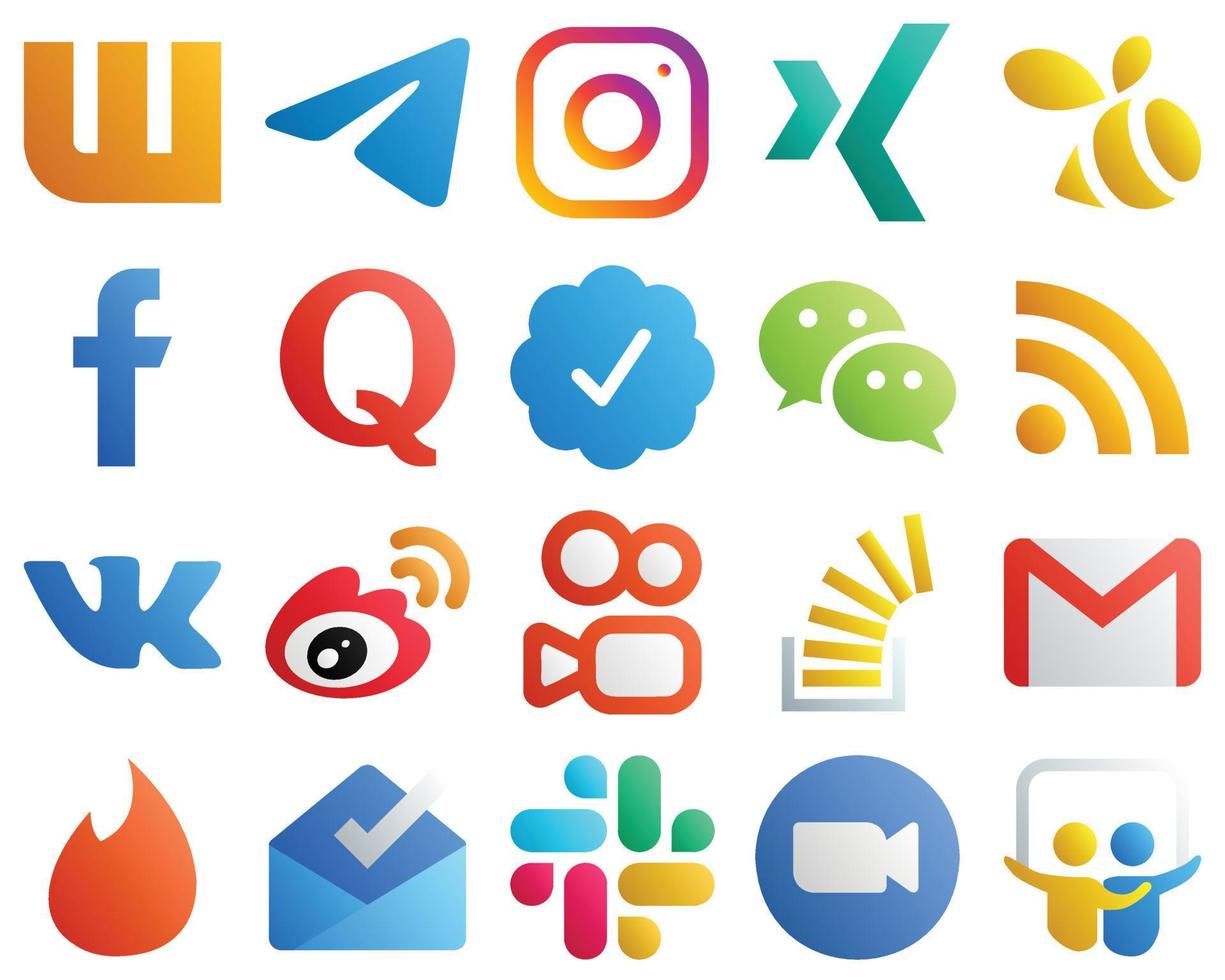 iconos degradados para el popular paquete de 20 redes sociales como rss. wechat enjambre. Insignia verificada de Twitter e íconos de quora. alta definición y único vector