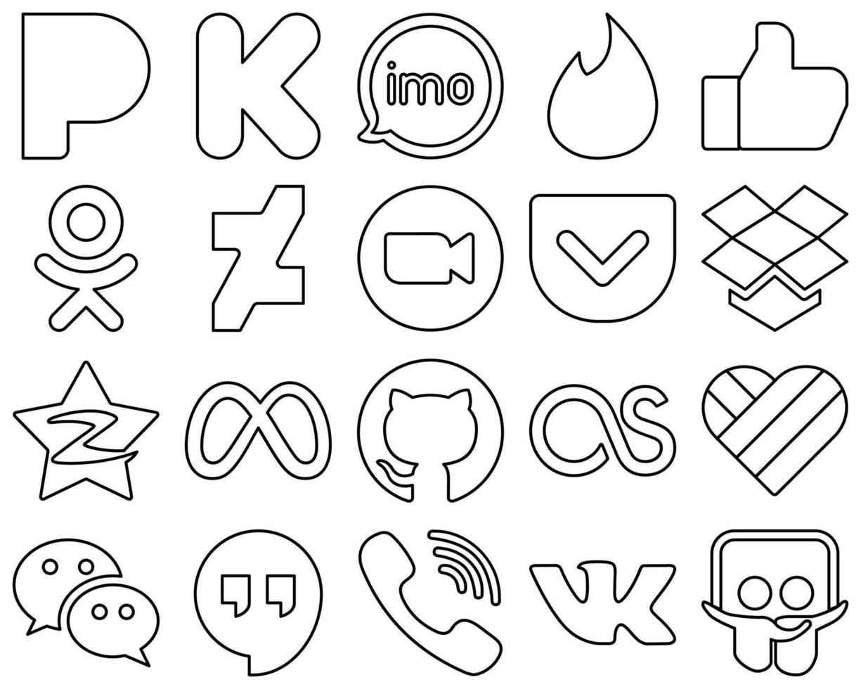 20 Eye-catching Black Line Social Media Icons such as dropbox. like. meeting and zoom icons. High-quality and minimalist vector