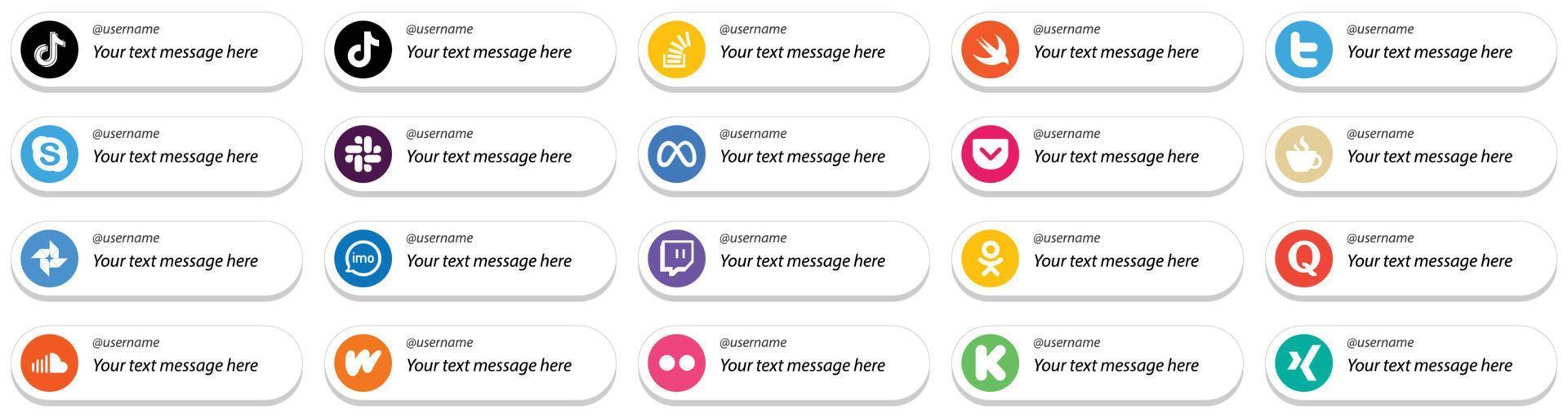 Customizable Follow Me Social Media Icons 20 pack such as pocket. meta. overflow. slack and skype icons. Modern and minimalist vector