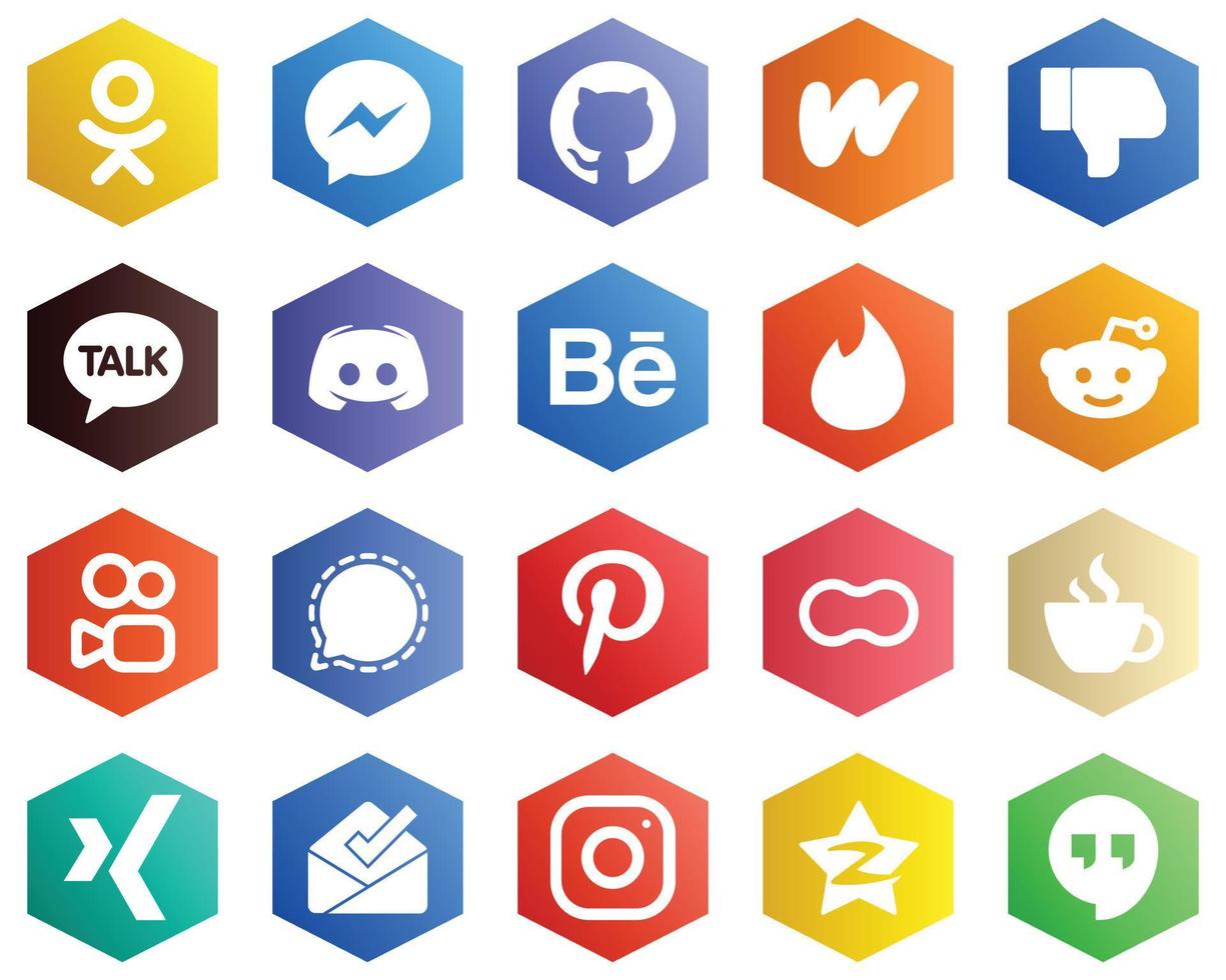 Hexagon Flat Color White Icon Set such as kuaishou. tinder. facebook. behance and text icons. 25 Professional Icons vector