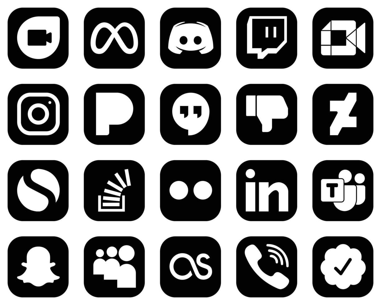 20 Stylish White Social Media Icons on Black Background such as facebook. google hangouts. google meet. pandora and meta icons. Modern and high-quality vector