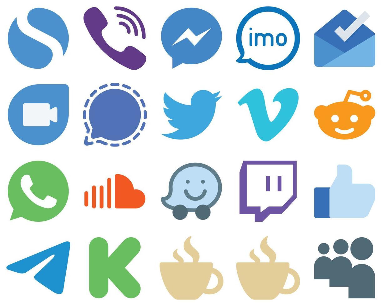 20 tweets de iconos de redes sociales planos profesionales y modernos. audio. iconos de dúo de messenger y google. iconos de redes sociales degradados vector