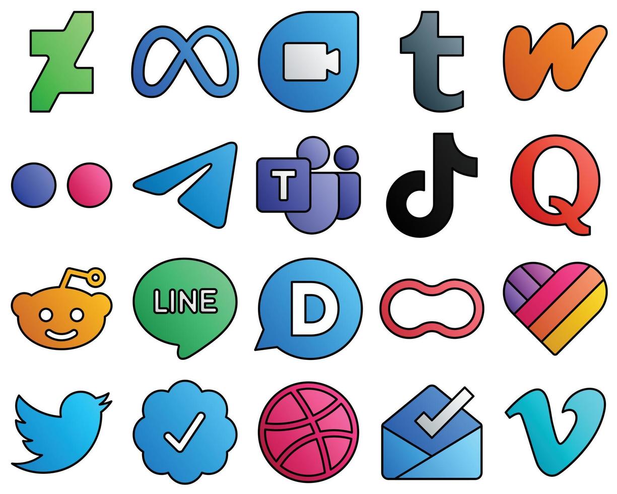 Filled Line Style Social Media Icon Kit china. douyin. yahoo. tiktok and microsoft team 20 High-quality icons vector