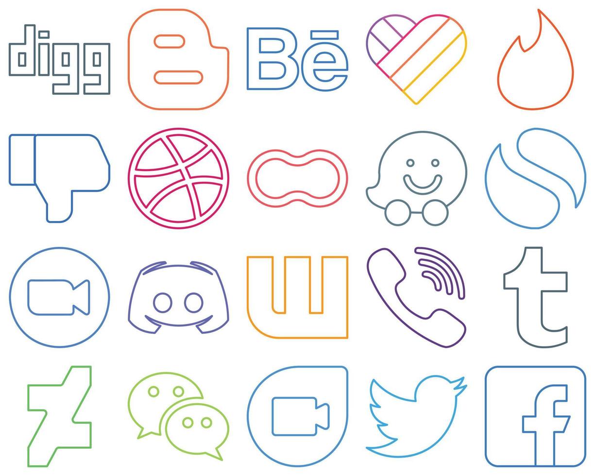 20 Eye-catching Colourful Outline Social Media Icons such as video. dribbble. zoom and waze Fully editable and unique vector