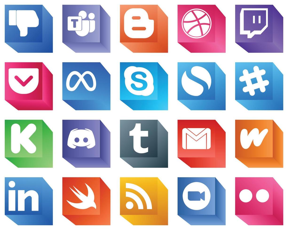 20 High Quality 3D Social Media Icons such as discord. kickstarter. pocket. spotify and chat icons. Professional and high-definition vector
