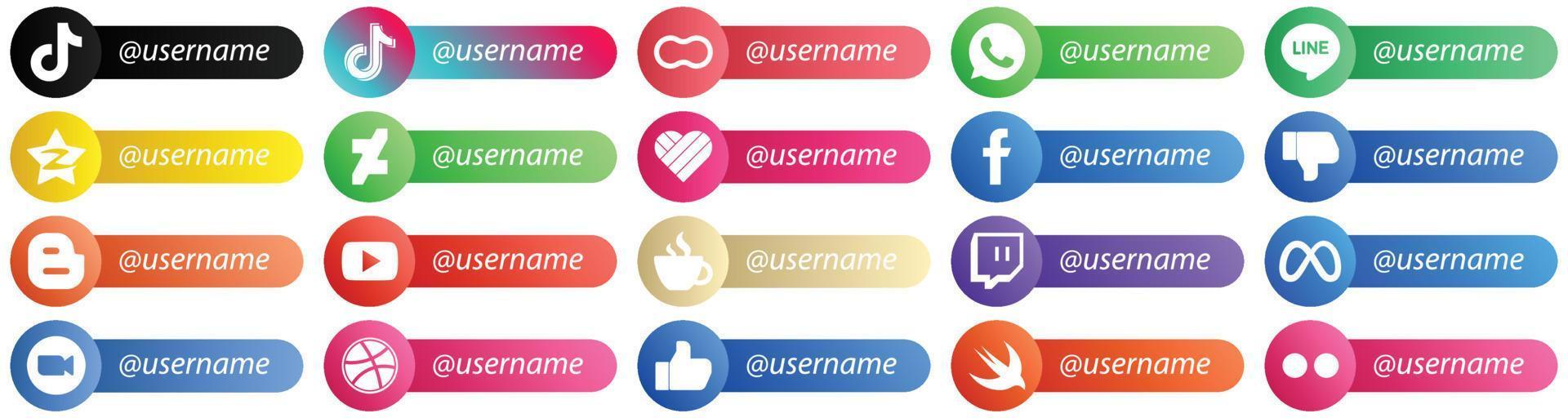 20 estilo de tarjeta moderno sígueme íconos de redes sociales como facebook. iconos de whatsapp y me gusta. profesional y de alta definición vector