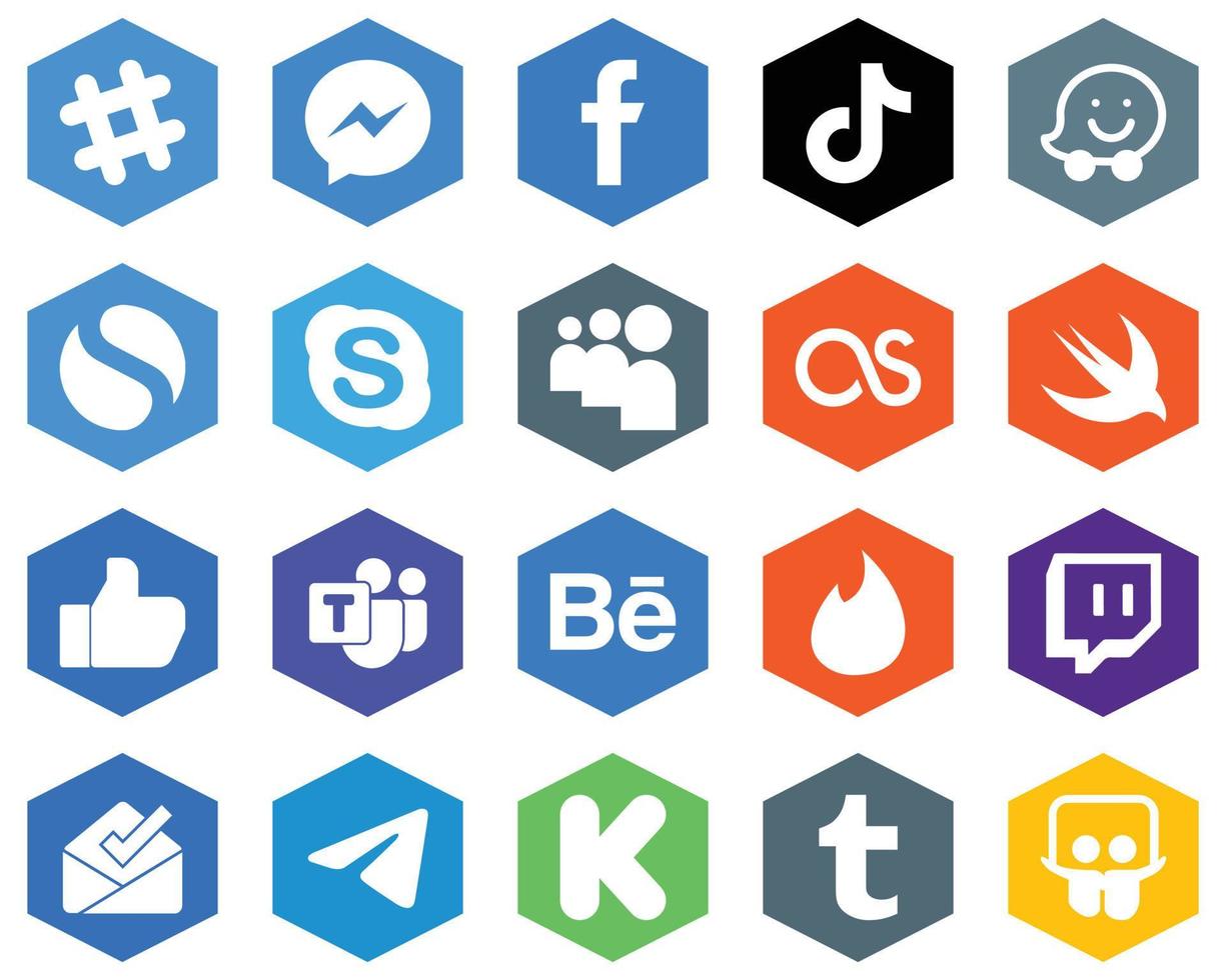 Hexagon Flat Color White Icon Collection lastfm. chat. douyin. skype and waze 20 Professional Icons vector