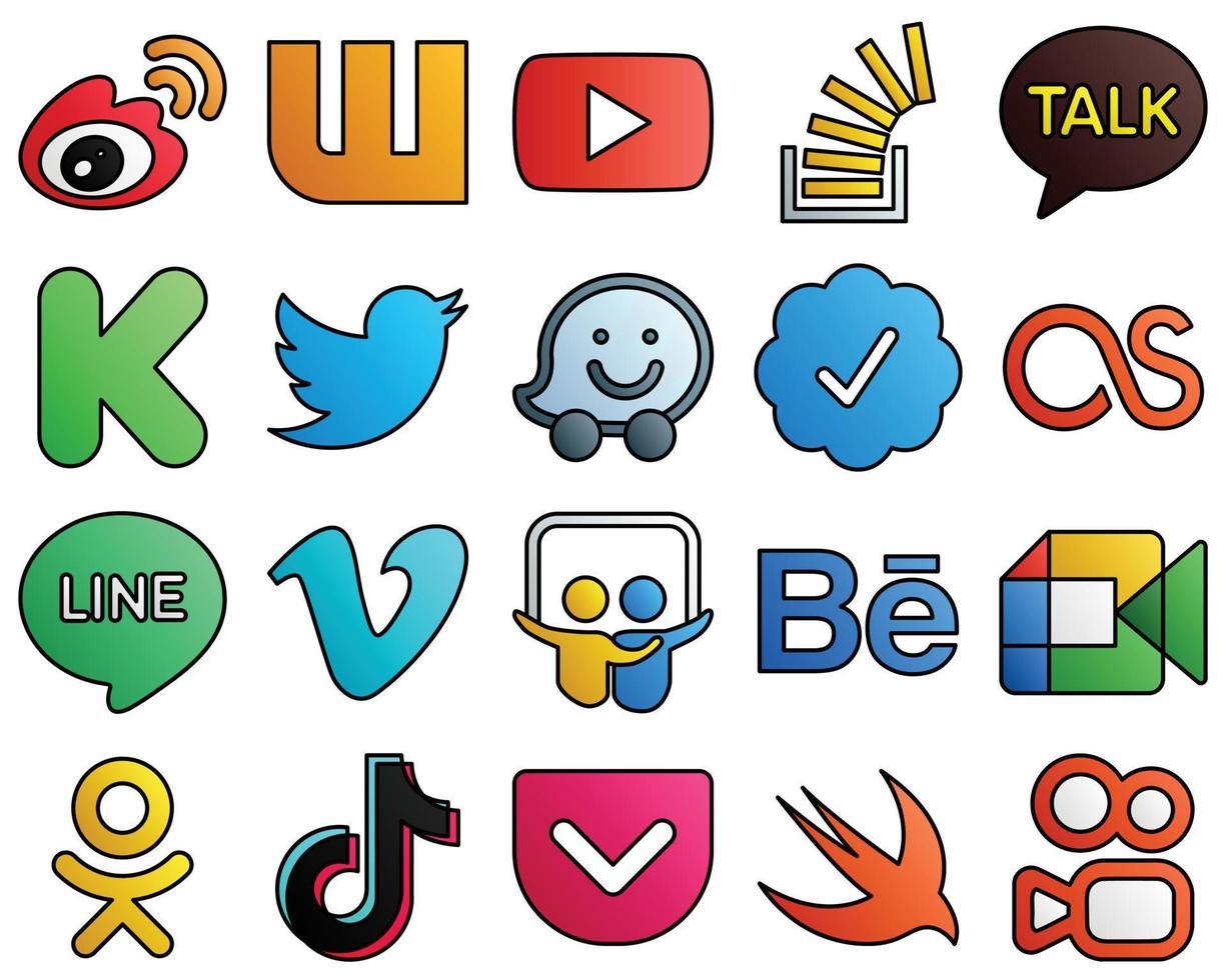 20 Unique icons twitter verified badge. tweet. question. twitter and kickstarter Filled Line Style Social Media Icon Set vector