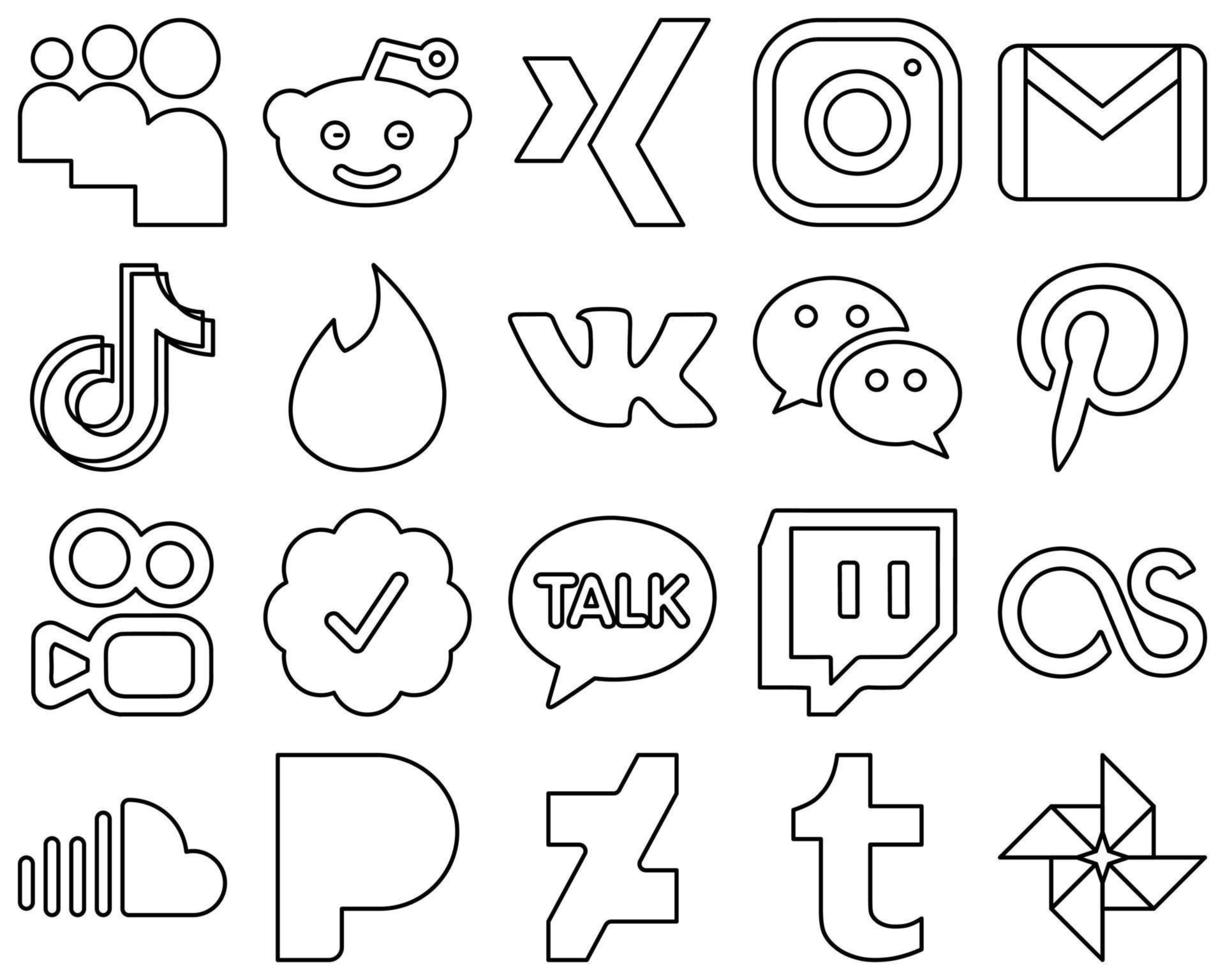 20 Eye-catching and high-resolution Black Line Social Media Icons such as messenger. vk. mail. tinder and china icons. Modern and minimalist vector