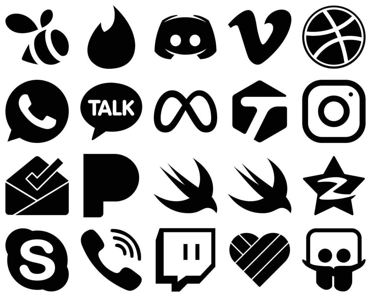 20 iconos simples de redes sociales de glifo negro, como la bandeja de entrada. meta. regatear iconos de instagram y facebook. totalmente personalizable y profesional vector