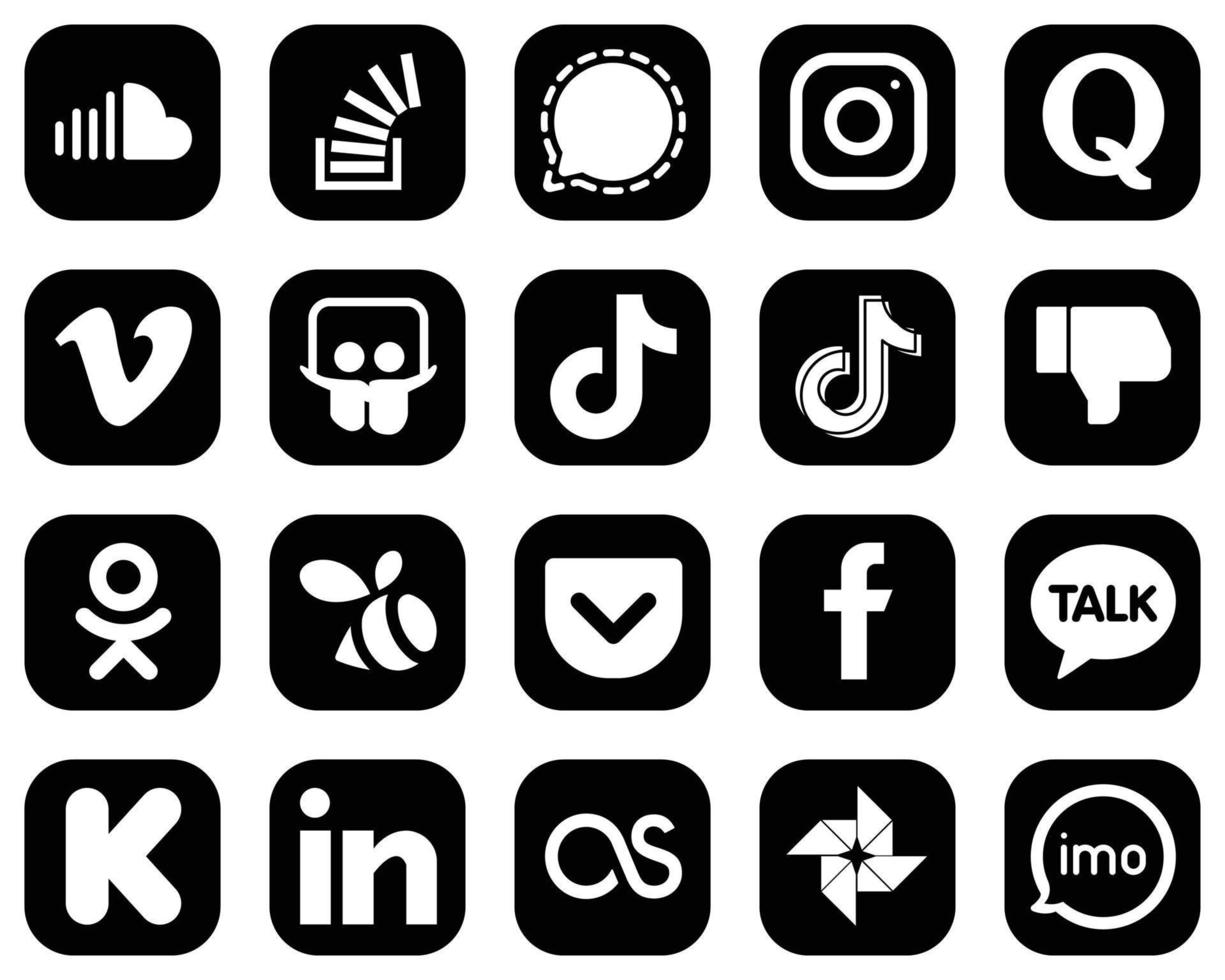 20 íconos premium de redes sociales en blanco sobre fondo negro como slideshare. vimeo iconos de mensajero y pregunta. elegante y único vector