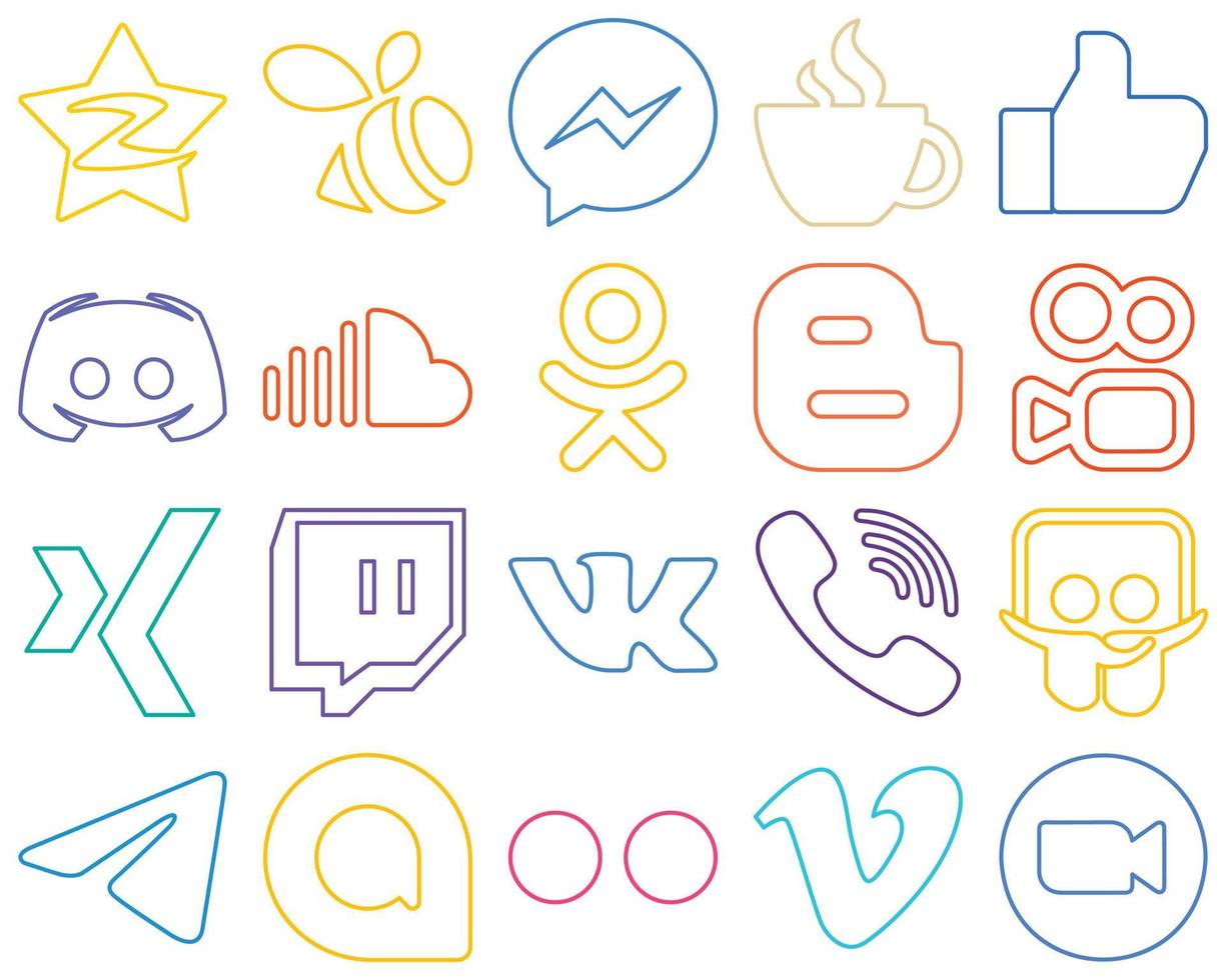 20 Vibrant Colourful Outline Social Media Icons such as sound. streaming. text and discord Customizable and high-resolution vector