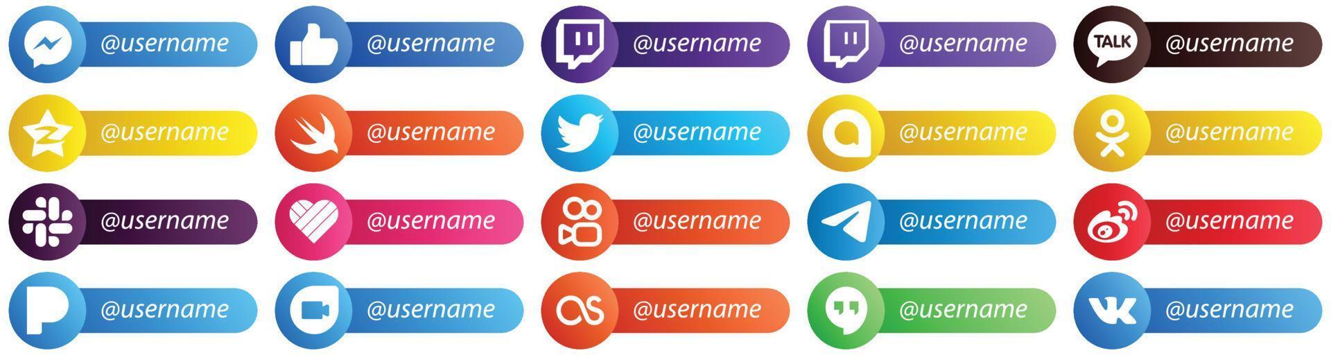 Follow me Social Network Platform Card Style Icon Set 20 icons such as kuaishou. slack. tencent. odnoklassniki and tweet icons. Clean and professional vector