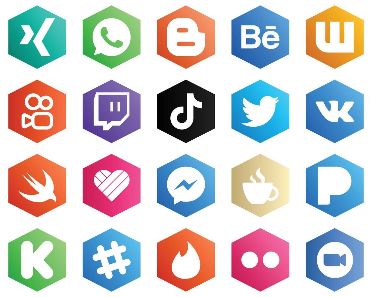 Hexagon Flat Color White Icon Collection such as likee. vk. tiktok and tweet icons. 25 Simple Icons vector