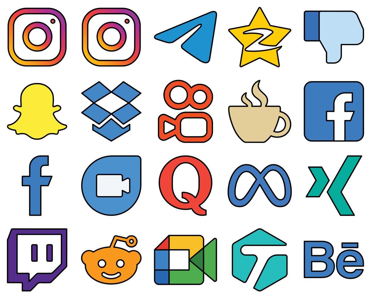 20 iconos de redes sociales llenos de líneas llamativas como Facebook. transmisión. cafeína y dropbox personalizables y únicos vector