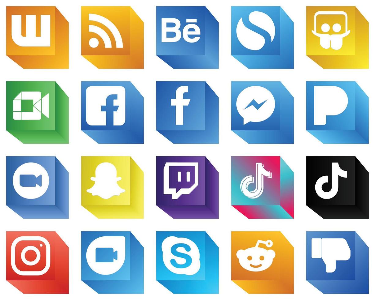 3D Social Media Icons for Prints 20 Icons Pack such as video. pandora. fb and messenger icons. Minimalist and customizable vector