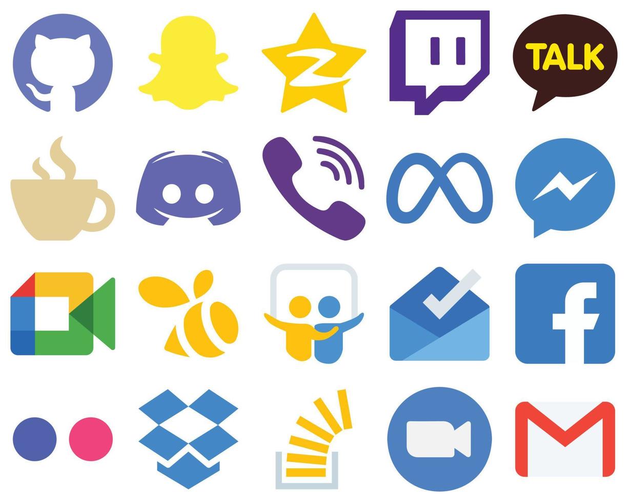 20 íconos planos de redes sociales para un meta diseño minimalista. Rakuten. transmisión. iconos de viber y texto. conjunto de iconos de degradado único vector