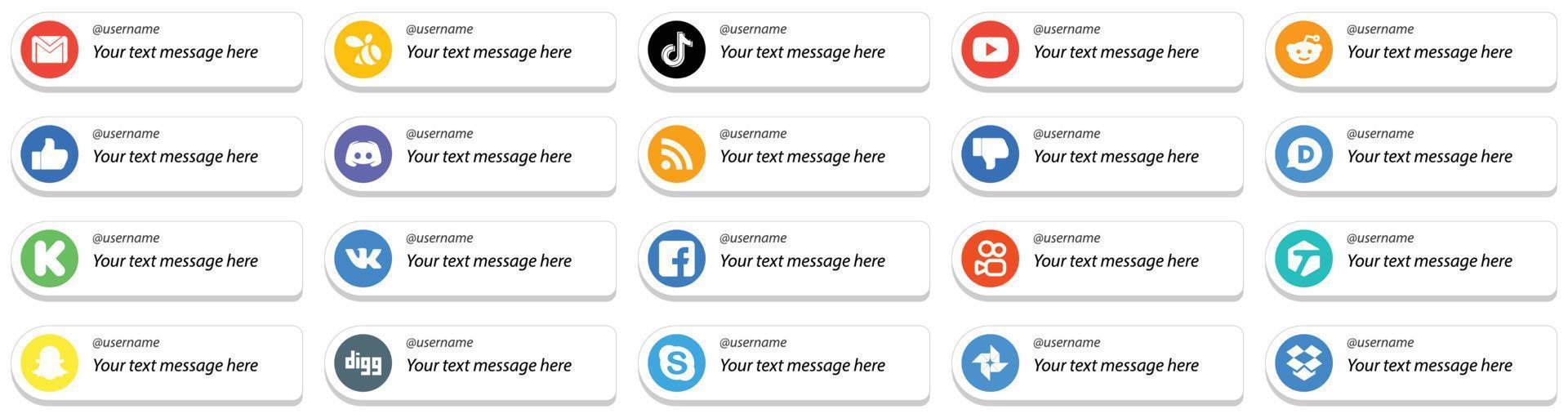 Card Style Social Media Follow Me Icons with Customizable Message 20 pack such as message. discord and like icons. High definition and unique vector