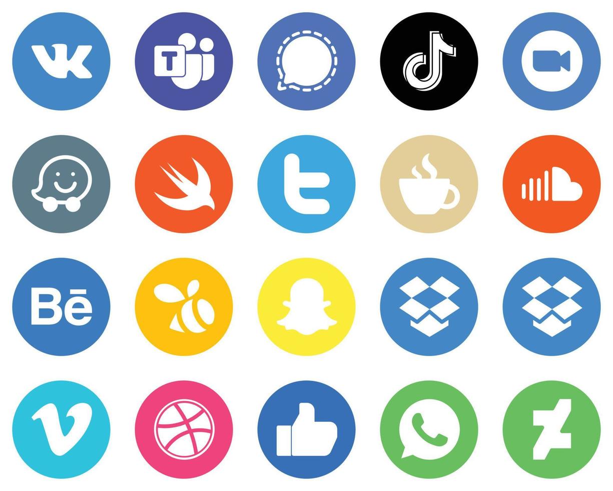 20 Modern White Icons twitter. waze. video and video Flat Circle Backgrounds vector