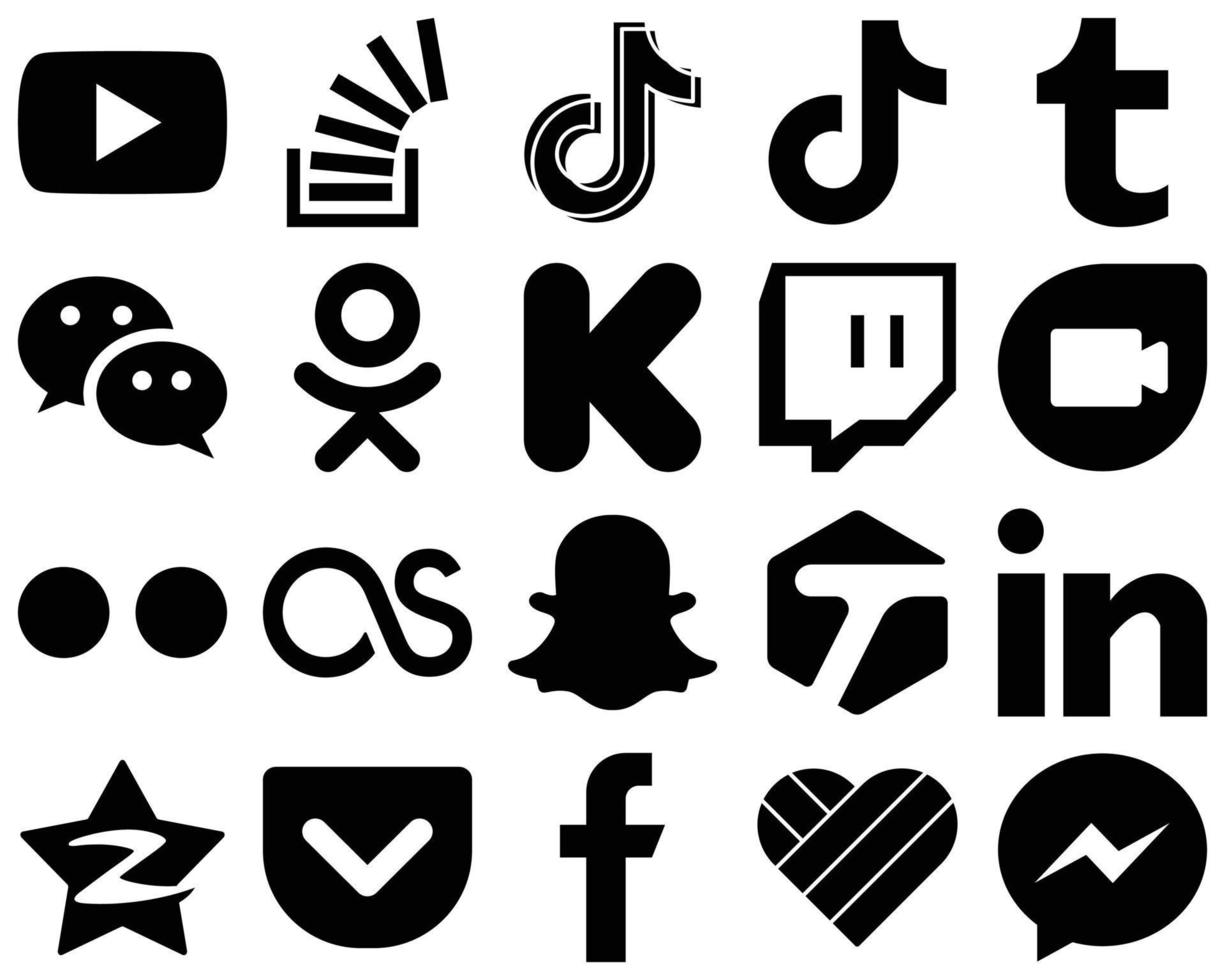 20 Stylish Black Solid Glyph Icons such as twitch. kickstarter. video. odnoklassniki and wechat icons. Modern and high-quality vector